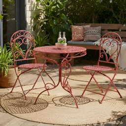 Beliani Burgundy Metal Outdoor Dining Chairs Set Of 2 With Powder-Coated Scrollwork Backrests