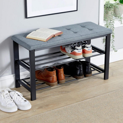 Home Source Sleaford Grey Linen Upholstered Padded Metal Shoe Storage Bench - image 1