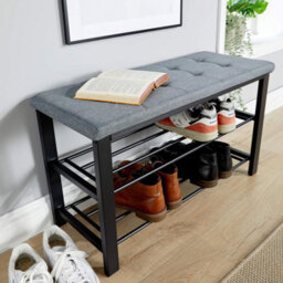 Home Source Sleaford Grey Linen Upholstered Padded Metal Shoe Storage Bench - thumbnail 4