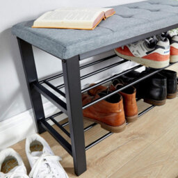 Home Source Sleaford Grey Linen Upholstered Padded Metal Shoe Storage Bench - thumbnail 5