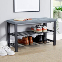 Home Source Sleaford Grey Linen Upholstered Padded Metal Shoe Storage Bench - thumbnail 2