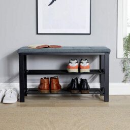 Home Source Sleaford Grey Linen Upholstered Padded Metal Shoe Storage Bench - thumbnail 3