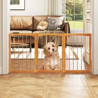 Costway 76 Cm Tall Foldable Pet Gate 3-Panel Wooden Dog Fence Solid Wood Frame-Natural - image 1