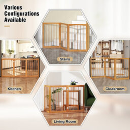 Costway 76 Cm Tall Foldable Pet Gate 3-Panel Wooden Dog Fence Solid Wood Frame-Natural - thumbnail 6