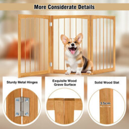 Costway 76 Cm Tall Foldable Pet Gate 3-Panel Wooden Dog Fence Solid Wood Frame-Natural - thumbnail 5