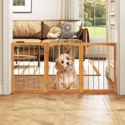 Costway 76 Cm Tall Foldable Pet Gate 3-Panel Wooden Dog Fence Solid Wood Frame-Natural - thumbnail 1