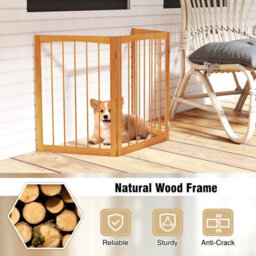 Costway 76 Cm Tall Foldable Pet Gate 3-Panel Wooden Dog Fence Solid Wood Frame-Natural - thumbnail 4