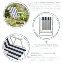 Harbour Housewares Folding Metal Beach Chairs - Blue Stripe - Pack Of 4 Portable Outdoor Garden Camping Festival Seats - thumbnail 2