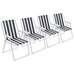 Harbour Housewares Folding Metal Beach Chairs - Blue Stripe - Pack Of 4 Portable Outdoor Garden Camping Festival Seats - thumbnail 1