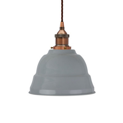 French Grey Lincoln Painted Dome Pendant Light With Antique Copper Lamp Holder And Brown Twisted Cable - Se Home - image 1