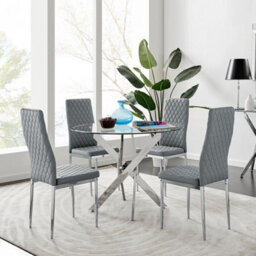 Furniturebox Uk Novara Gold Metal Round Glass Dining Table And 4 Elephant Grey Milan Dining Chairs