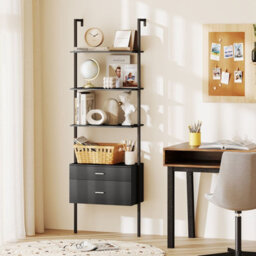 Gainoom 6-Tier Black Ladder Bookcase 184Cm Tall Wall-Mounted Bookshelf W/drawers - thumbnail 8