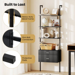 Gainoom 6-Tier Black Ladder Bookcase 184Cm Tall Wall-Mounted Bookshelf W/drawers - thumbnail 7