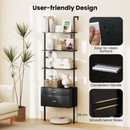 Gainoom 6-Tier Black Ladder Bookcase 184Cm Tall Wall-Mounted Bookshelf W/drawers - thumbnail 4