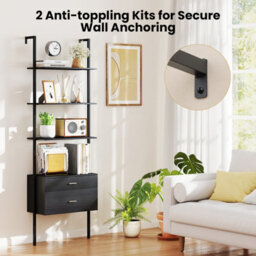 Gainoom 6-Tier Black Ladder Bookcase 184Cm Tall Wall-Mounted Bookshelf W/drawers - thumbnail 5