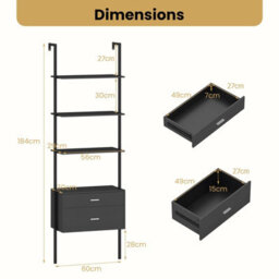 Gainoom 6-Tier Black Ladder Bookcase 184Cm Tall Wall-Mounted Bookshelf W/drawers - thumbnail 2