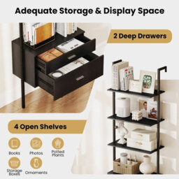 Gainoom 6-Tier Black Ladder Bookcase 184Cm Tall Wall-Mounted Bookshelf W/drawers - thumbnail 3