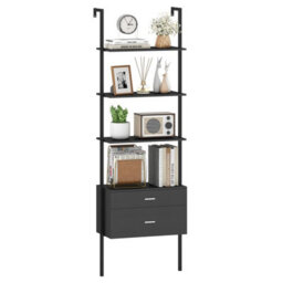 Gainoom 6-Tier Black Ladder Bookcase 184Cm Tall Wall-Mounted Bookshelf W/drawers - thumbnail 1