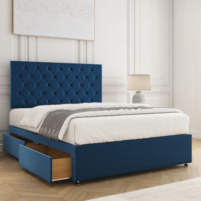 Bsspoke Mia Divan Bed Set Blue Velvet With 24Inch Headboard & 4 Drawers & Memory Foam Spring Mattress In 4Ft6 4Ft 5Ft 6Ft - image 1