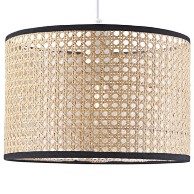 Happy Homewares Natural Wicker Rattan Drum Shaped Pendant Lamp Shade With Black Cotton Trims - image 1