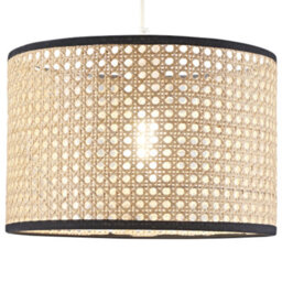 Happy Homewares Natural Wicker Rattan Drum Shaped Pendant Lamp Shade With Black Cotton Trims - thumbnail 2