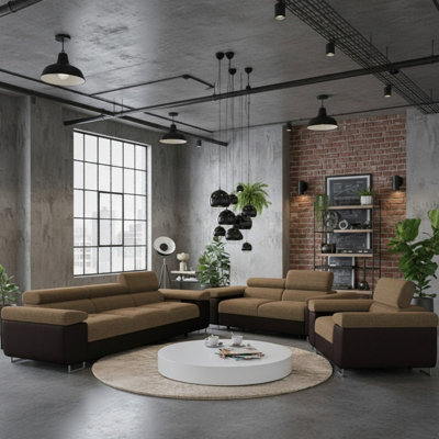 Torezio 3 2 1 Living Room Sofa Set Chipboard Frame Hr Foam Wave Springs Fixed Backs Adjustable Headrests Brown And Beige - image 1