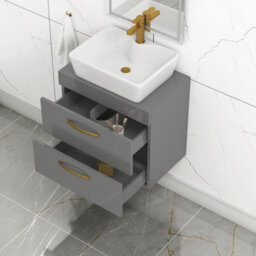 Royal Bathrooms 600mm Wall Hung Vanity Unit 2 Drawer Indigo Grey Gloss & Cube Countertop Basin With Brushed Brass Handle - thumbnail 3