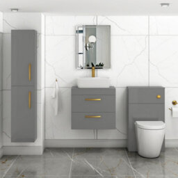 Royal Bathrooms 600mm Wall Hung Vanity Unit 2 Drawer Indigo Grey Gloss & Cube Countertop Basin With Brushed Brass Handle - thumbnail 2