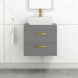 Royal Bathrooms 600mm Wall Hung Vanity Unit 2 Drawer Indigo Grey Gloss & Cube Countertop Basin With Brushed Brass Handle