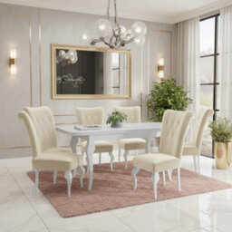Extendable Dining Table And 6 Chairs Wood Mdf Hdf Chipboard Lara 140 To 180X80X75Cm White Oak Finish White And Cream