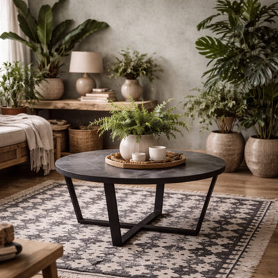 Wyld Haus Stovring Black Marble-Effect Round Coffee Table With Black Hairpin Legs 770mm - image 1