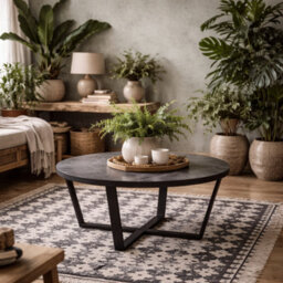 Wyld Haus Stovring Black Marble-Effect Round Coffee Table With Black Hairpin Legs 770mm - thumbnail 1