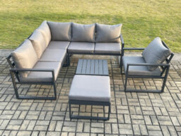 Fimous Outdoor Garden Furniture Set Aluminium Lounge Sofa Square Coffee Table Sets With Chair Big Footstool Indoor Set Dark Grey - thumbnail 2
