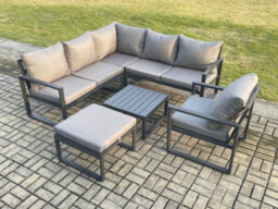 Fimous Outdoor Garden Furniture Set Aluminium Lounge Sofa Square Coffee Table Sets With Chair Big Footstool Indoor Set Dark Grey - thumbnail 1