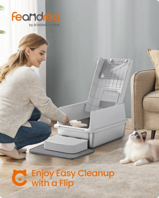 LEDREM Stainless Steel Cat Litter Box With Flip Lid, Scoop, Litter Mat, 2 Doors, For Cats Up To 15 Kg, Light Grey