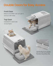 LEDREM Stainless Steel Cat Litter Box With Flip Lid, Scoop, Litter Mat, 2 Doors, For Cats Up To 15 Kg, Light Grey - thumbnail 5