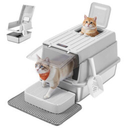 LEDREM Stainless Steel Cat Litter Box With Flip Lid, Scoop, Litter Mat, 2 Doors, For Cats Up To 15 Kg, Light Grey - thumbnail 2