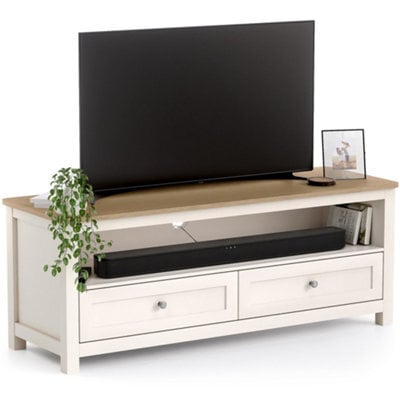 Christow Tv Stand With Storage Oak-Effect Top 2 Drawers Shelf Cream H45 X W118 X D40Cm - image 1