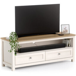 Christow Tv Stand With Storage Oak-Effect Top 2 Drawers Shelf Cream H45 X W118 X D40Cm