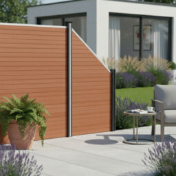 MonsterShop Composite Fence Panels Kit X 4, Angled Piece & Posts X 5 Set - Brown - thumbnail 1
