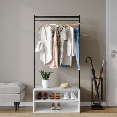 Urbn-Living Urbnliving 170Cm Height Wooden Shoe Rack Shelf Storage & Metal Clothes Coat Garment Hanging Display Rail White Colour - image 1