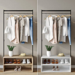 Urbn-Living Urbnliving 170Cm Height Wooden Shoe Rack Shelf Storage & Metal Clothes Coat Garment Hanging Display Rail White Colour - thumbnail 4