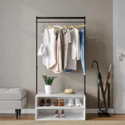 Urbn-Living Urbnliving 170Cm Height Wooden Shoe Rack Shelf Storage & Metal Clothes Coat Garment Hanging Display Rail White Colour
