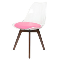 Fusion Living Soho Clear And Bright Pink Plastic Dining Chair With Squared Dark Wood Legs