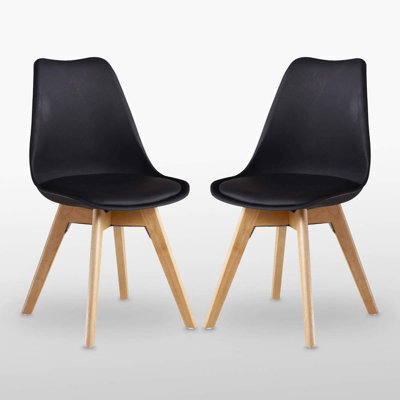 Life Interiors Set Of 2 Black Scandinavian Dining Chairs With Leather Cushions Solid Wood Legs - image 1