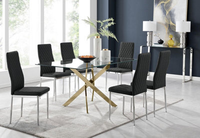 Furniturebox Uk Leonardo 6 Gold Dining Table And 6 Black Milan Chairs - image 1