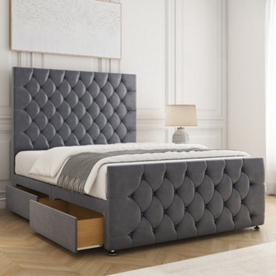 Bsspoke Maya Divan Bed Set In Steel Velvet With 54Inch Headboard & 20Inch Footboard & 4 Drawers & Mattress In All Sizes - image 1