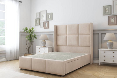 "Sloomy Beaumont Sand Naples Divan Bed Base No Drawers - 54"" Wingback Headboard & 12"" Footboard 6' Super King" - image 1
