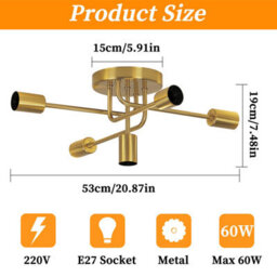 Pheashine Elegant 5-Light Gold Ceiling Chandelier With E27 Bulbs For Living Room Or Kitchen(Includes Light Bulb) - thumbnail 3