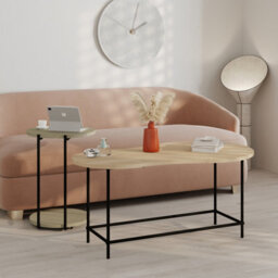 Decortie Modern Cuddle Coffee Tables Oak, Ash Green 2 Piece Nested Table Round W Wheels And Oval Shape Table Metal Legs Office